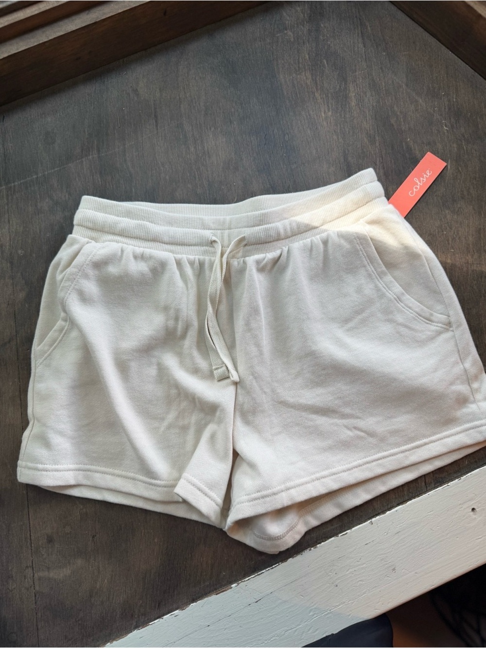 Medium Cream White Womens White Cozy Drawstring Shorts -